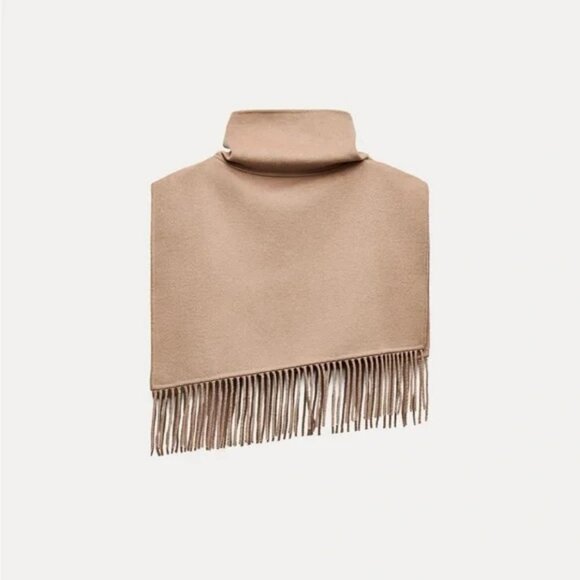 ZARA ASYMMETRICAL FRINGED WOOL BLEND CAPE - Picture 8 of 10